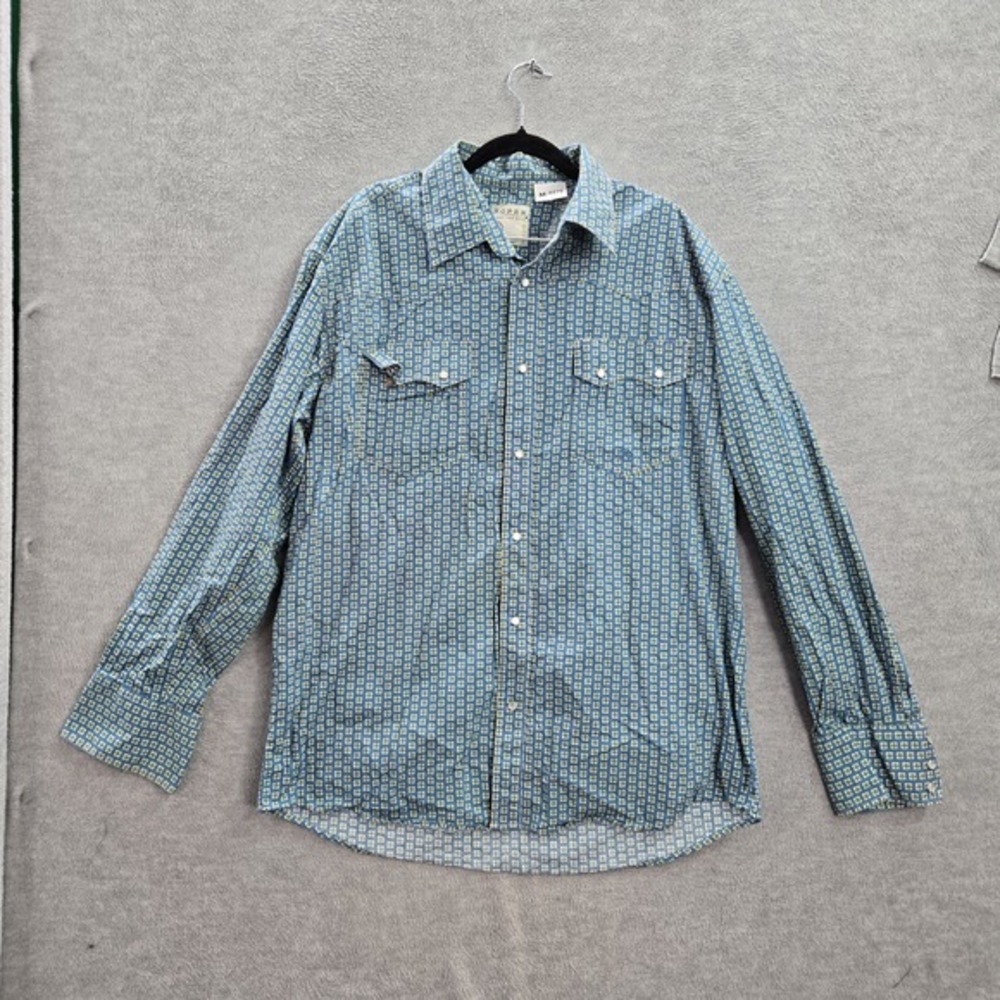 VINTAGE Roper Men Button Up Shirt L Blue Geometric Western Pearl Snap